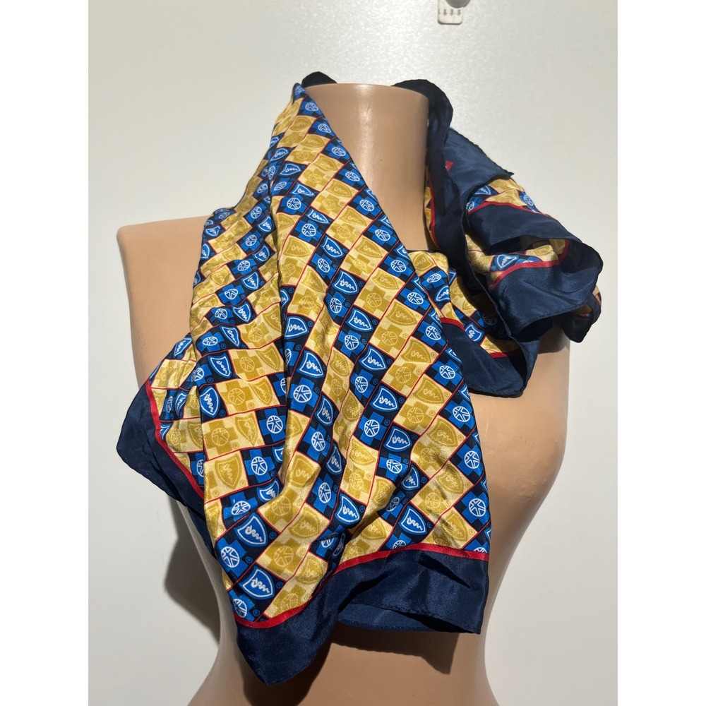 Buffalo Bay Silk Scarf Navy Blue Gold Red Geometric Crest Square 29x29 Korea